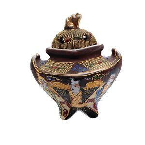 Satsuma incense burner Japan porcelain brown gold figural